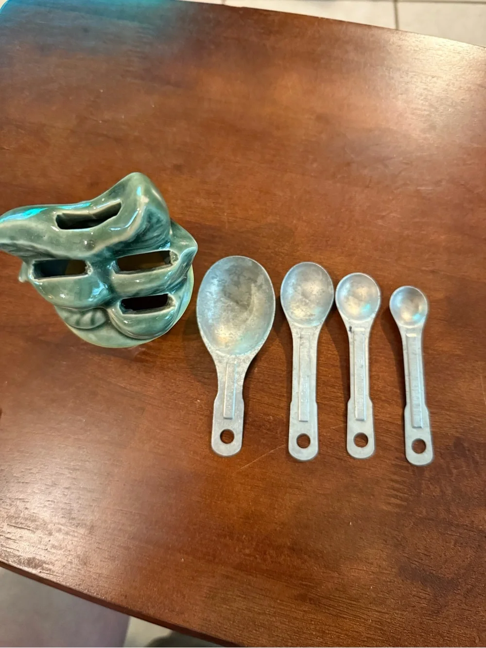 Vintage Ceramic Leaf & Basket Spoon Holder in Green and Yellow